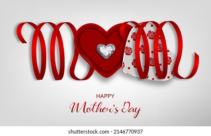 Mother's day background with gift box, red ribbon and diamond. Mother day poster with heart-shaped box and ribbon composing the word mom