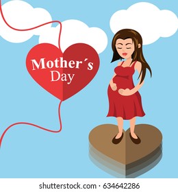 Mother's day background with happy pregnant woman. Clouds and hearts elements