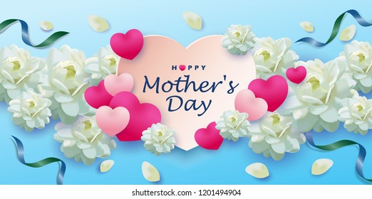 Mother's Day background with jasmine and hearts. Vector illustration.