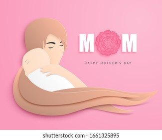 Mother's day background with mother hug her baby in paper cut style. Digital craft paper art. Poster, banner, greeting card.