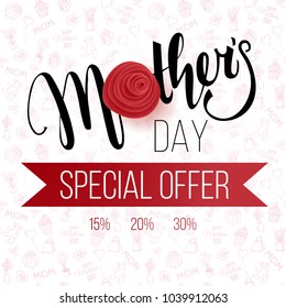 Mother's Day background with paper flowers on the doodle pattern. Vector template for cards, wallpaper, flyers, invitation, posters, brochure, discount voucher, banner.