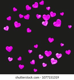 Mother's day background with pink glitter confetti. Isolated heart symbol in rose color. Postcard for mother's day background. Love theme for flyer, special business offer, promo. Women holiday