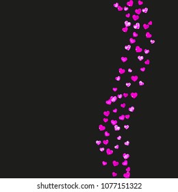 Mother's day background with pink glitter confetti. Isolated heart symbol in rose color. Postcard for mother's day. Love theme for party invite, retail offer and ad. Women holiday template