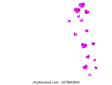 Mother's day background with pink glitter confetti. Isolated heart symbol in rose color. Postcard for mother's day background. Love theme for gift coupons, vouchers, ads, events. Women holiday