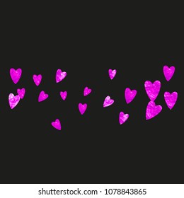 Mother's day background with pink glitter confetti. Isolated heart symbol in rose color. Postcard for mother's day. Love theme for flyer, special business offer, promo. Women holiday template