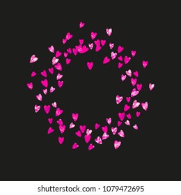 Mother's day background with pink glitter confetti. Isolated heart symbol in rose color. Postcard for mother's day background. Love theme for flyer, special business offer, promo. Women holiday