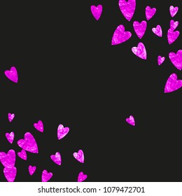 Mother's day background with pink glitter confetti. Isolated heart symbol in rose color. Postcard for mother's day background. Love theme for gift coupons, vouchers, ads, events. Women holiday