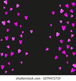 Mother's day background with pink glitter confetti. Isolated heart symbol in rose color. Postcard for mother's day. Love theme for party invite, retail offer and ad. Women holiday template