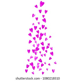 Mother's day background with pink glitter confetti. Isolated heart symbol in rose color. Postcard for mother's day background. Love theme for flyer, special business offer, promo. Women holiday