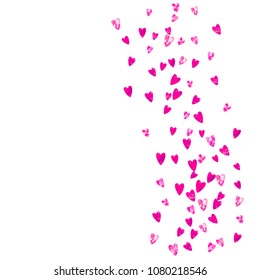 Mothers day background with pink glitter confetti. Isolated heart symbol in rose color.  Postcard for mothers day background. Love theme for poster, gift certificate, banner. Women holiday design