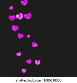 Mother's day background with pink glitter confetti. Isolated heart symbol in rose color. Postcard for mother's day. Love theme for party invite, retail offer and ad. Women holiday template