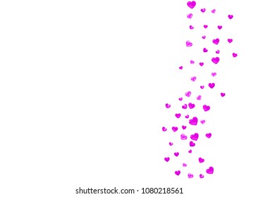 Mother's day background with pink glitter confetti. Isolated heart symbol in rose color. Postcard for mother's day. Love theme for gift coupons, vouchers, ads, events. Women holiday template