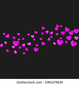 Mother's day background with pink glitter confetti. Isolated heart symbol in rose color. Postcard for mother's day background. Love theme for special business offer, banner, flyer. Women holiday