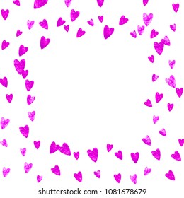 Mothers day background with pink glitter confetti. Isolated heart symbol in rose color.  Postcard for mothers day background. Love theme for gift coupons, vouchers, ads, events. Women holiday design