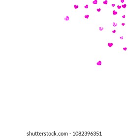 Mother's day background with pink glitter confetti. Isolated heart symbol in rose color. Postcard for mother's day. Love theme for gift coupons, vouchers, ads, events. Women holiday template