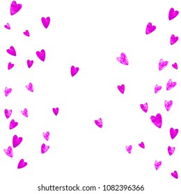 Mother's day background with pink glitter confetti. Isolated heart symbol in rose color. Postcard for mother's day background. Love theme for special business offer, banner, flyer. Women holiday