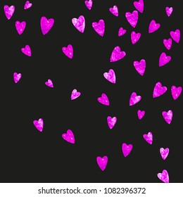 Mother's day background with pink glitter confetti. Isolated heart symbol in rose color. Postcard for mother's day background. Love theme for special business offer, banner, flyer. Women holiday