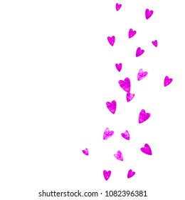 Mother's day background with pink glitter confetti. Isolated heart symbol in rose color. Postcard for mother's day. Love theme for voucher, special business banner. Women holiday template