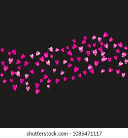 Mother's day background with pink glitter confetti. Isolated heart symbol in rose color. Postcard for mother's day. Love theme for flyer, special business offer, promo. Women holiday template