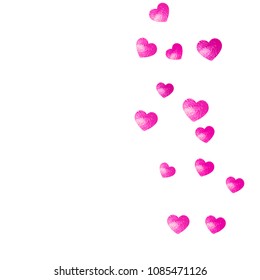 Mothers day background with pink glitter confetti. Isolated heart symbol in rose color.  Postcard for mothers day background. Love theme for party invite, retail offer and ad. Women holiday design