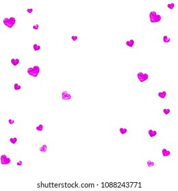 Mothers day background with pink glitter confetti. Isolated heart symbol in rose color.  Postcard for mothers day background. Love theme for special business offer, banner, flyer. Women holiday design
