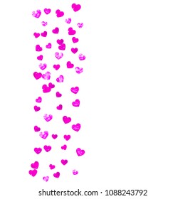 Mother's day background with pink glitter confetti. Isolated heart symbol in rose color. Postcard for mother's day. Love theme for voucher, special business banner. Women holiday template