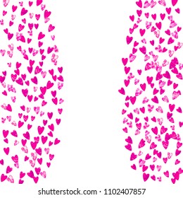 Mother's day background with pink glitter confetti. Isolated heart symbol in rose color. Postcard for mother's day background. Love theme for gift coupons, vouchers, ads, events. Women holiday