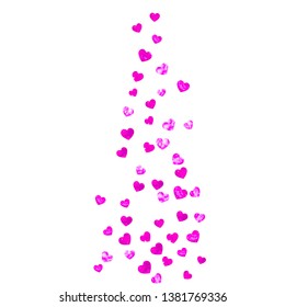 Mother's day background with pink glitter confetti. Isolated heart symbol in rose color. Postcard for mother's day. Love theme for gift coupons, vouchers, ads, events. Women holiday template
