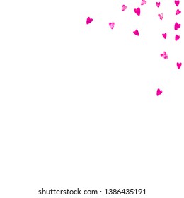 Mother's day background with pink glitter confetti. Isolated heart symbol in rose color. Postcard for mother's day. Love theme for special business offer, banner, flyer. Women holiday template