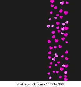 Mother's day background with pink glitter confetti. Isolated heart symbol in rose color. Postcard for mother's day. Love theme for poster, gift certificate, banner. Women holiday template