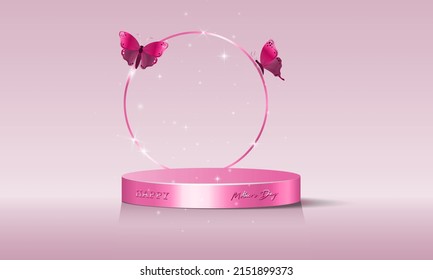 Mothers day background, Pink podium with flying butterflies. 3D Platform for product, cosmetic presentation. Mock up. Pedestal for beauty products. Vector illustration pink rose banner