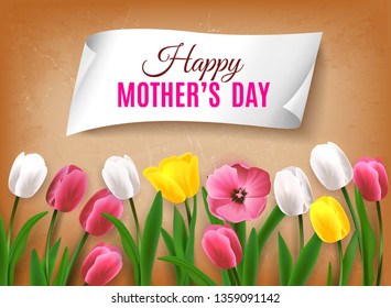 Mothers day background with realistic images of colourful flowers with green stems leaves and editable text vector illustration
