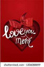 Mothers day background with red half tone effect textured heart and red bow. Vector illustration