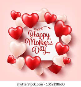 Mothers day background with red hearts. Greeting card, template with lettering. Heart shaped. Holiday.