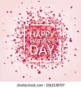 Mothers day background with red hearts. Greeting card, template with lettering. Heart shaped. Holiday.
