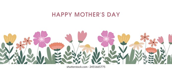 Fondo del día de la madre con flores de primavera. Feliz Día de la Madre. Diseño plano de hermosas plantas botánicas. Vector.