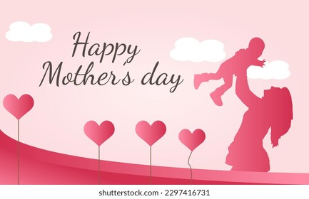 Mother's Day Background Vector Design with pink silhouettes of mother and child, love vector, Mother's Day Banner, Mother's Day Greeting Card