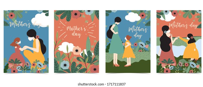 Mother's Day background with women,daughter,flower and leaf.Editable vector illustration for invitation,postcard and website banner