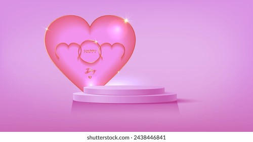 Mother's Day banner, 3d stage podium decorated with gold heart shape. Pedestal scene for product, advertising, show, mom ceremony, isolated on pink background. Minimal style. Vector illustration