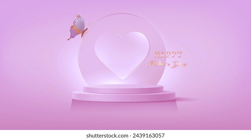 Mother's Day banner, 3d stage podium decorated with round heart shape and butterfly. Pedestal scene for product, advertising, show, mom ceremony, pink background. Minimal style. Vector illustration