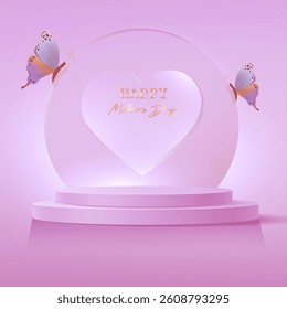 Mother's Day banner, 3d stage podium decorated with round heart shape and butterfly. Pedestal scene for product, advertising, show, mom ceremony, pink background. Minimal style. Vector illustration