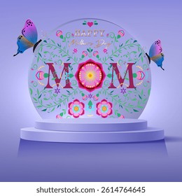 Mother's Day banner, 3d stage podium decorated with round floral and butterfly. Pedestal scene for product, advertising, show, mom ceremony, purple background. Minimal style. Vector illustration