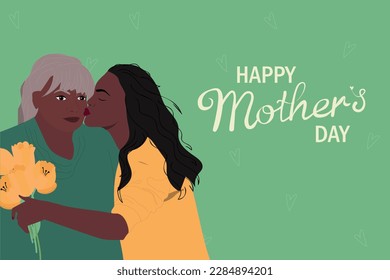 Mother's Day banner with adult daughter. Happy Mother's Day card. Vector illustration. Daughter's love concept