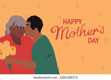 Mother's Day banner with adult son. Happy Mother's Day card. Vector illustration. 