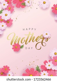 Mothers day banner background layout with flower. Greetings and presents for Mothers day in flat lay styling. Vector illustration template.