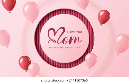 Mother's day banner with balloons on pink background.