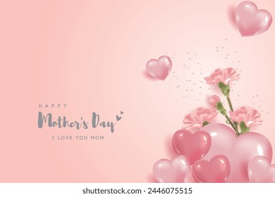 Mother's day banner with carnations and heart balloons