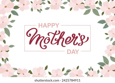 Mothers day banner with cherry blossom flowers, greeting card template, illustration with hand drawn lettering. Vector
