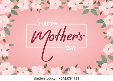 Mothers day banner with cherry blossom flowers, greeting card template, illustration with hand drawn lettering. Vector