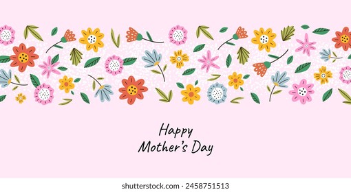 Mothers Day banner with cute flowers. Abstract floral pattern in hand drawn style. Spring summer bright abstract floral design template for ads promo.